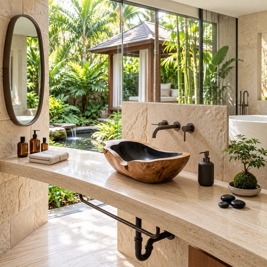 Canoe Shaped Wooden Vessel Sink with Knotty Burl Exterior and Sealed Interior, Solid Wood Basin Bowl