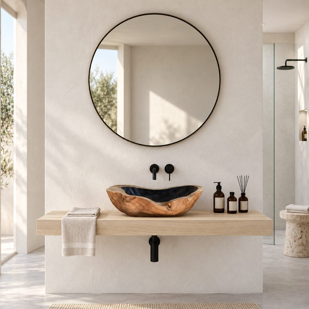 Canoe Shaped Wooden Vessel Sink with Knotty Burl Exterior and Sealed Interior, Solid Wood Basin Bowl