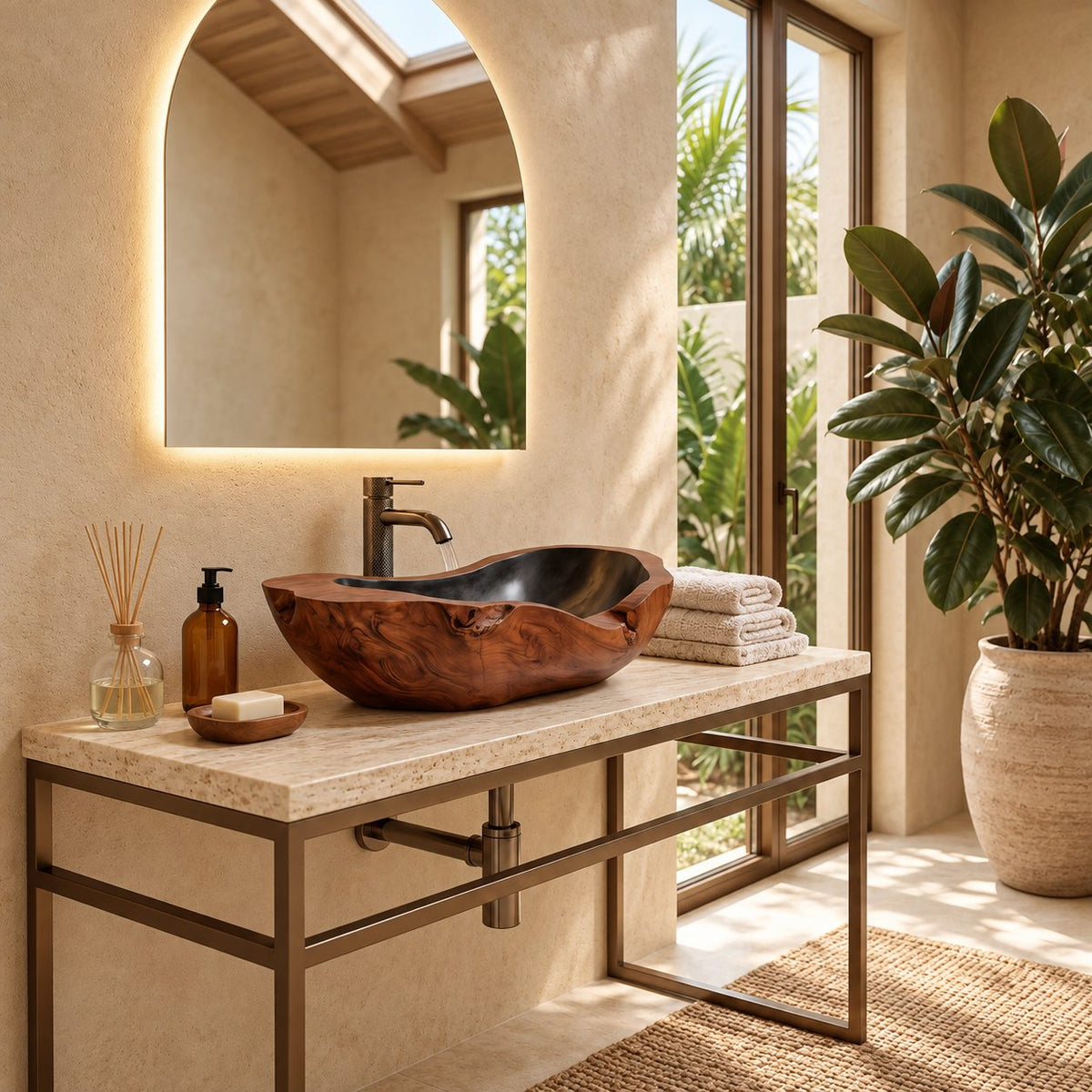 Canoe Shaped Wooden Vessel Sink with Knotty Burl Exterior and Sealed Interior, Solid Wood Basin Bowl