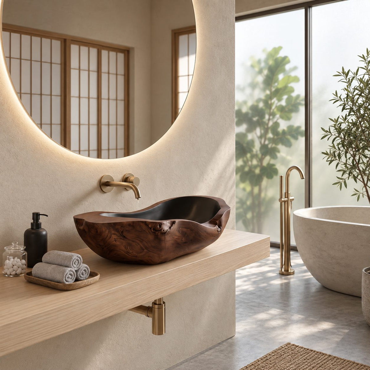Canoe Shaped Wooden Vessel Sink with Knotty Burl Exterior and Sealed Interior, Solid Wood Basin Bowl