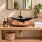 Canoe Shaped Wooden Vessel Sink with Knotty Burl Exterior and Sealed Interior, Solid Wood Basin Bowl
