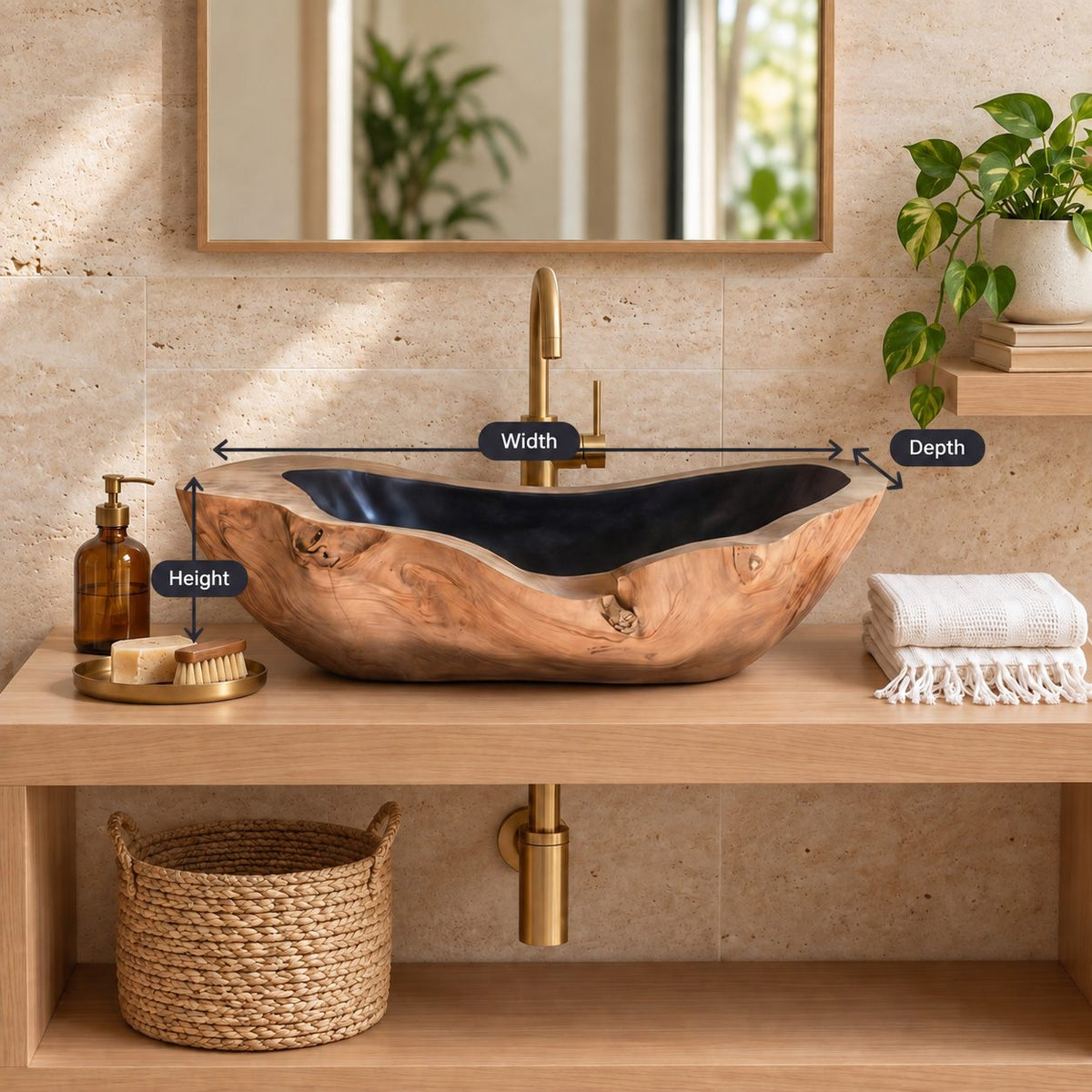 Canoe Shaped Wooden Vessel Sink with Knotty Burl Exterior and Sealed Interior, Solid Wood Basin Bowl
