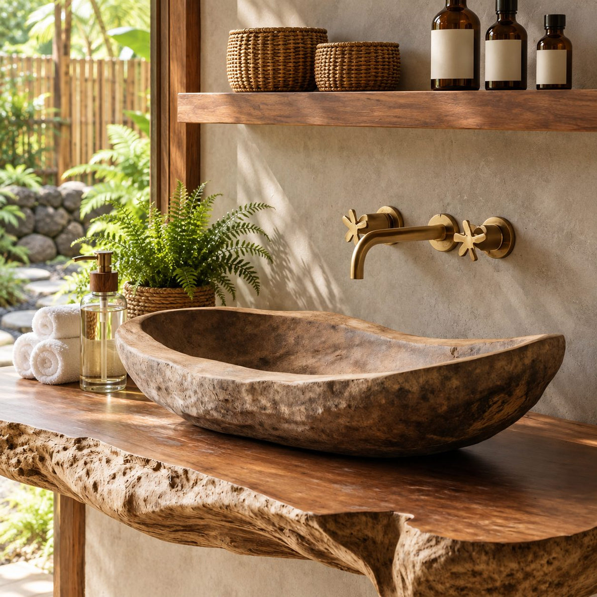 Rough Hewn Wooden Vessel Sink, Long Shallow Trough Basin with Weathered Texture, Solid Wood Bowl