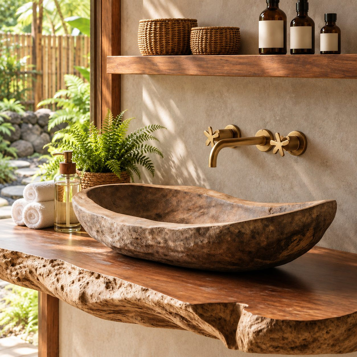 Rough Hewn Wooden Vessel Sink, Long Shallow Trough Basin with Weathered Texture, Solid Wood Bowl