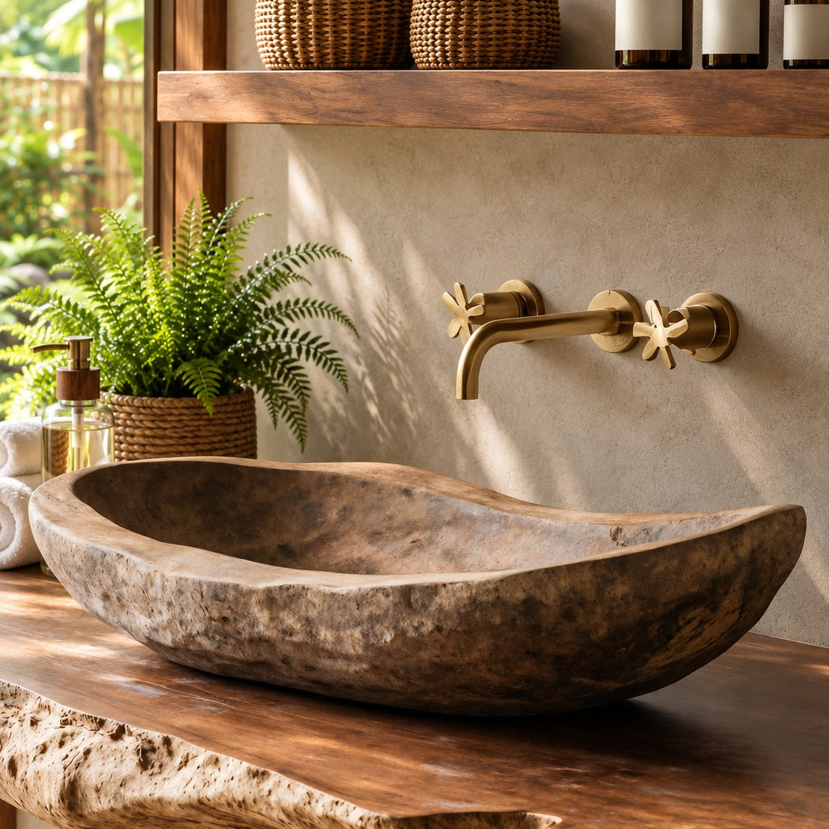 Rough Hewn Wooden Vessel Sink, Long Shallow Trough Basin with Weathered Texture, Solid Wood Bowl