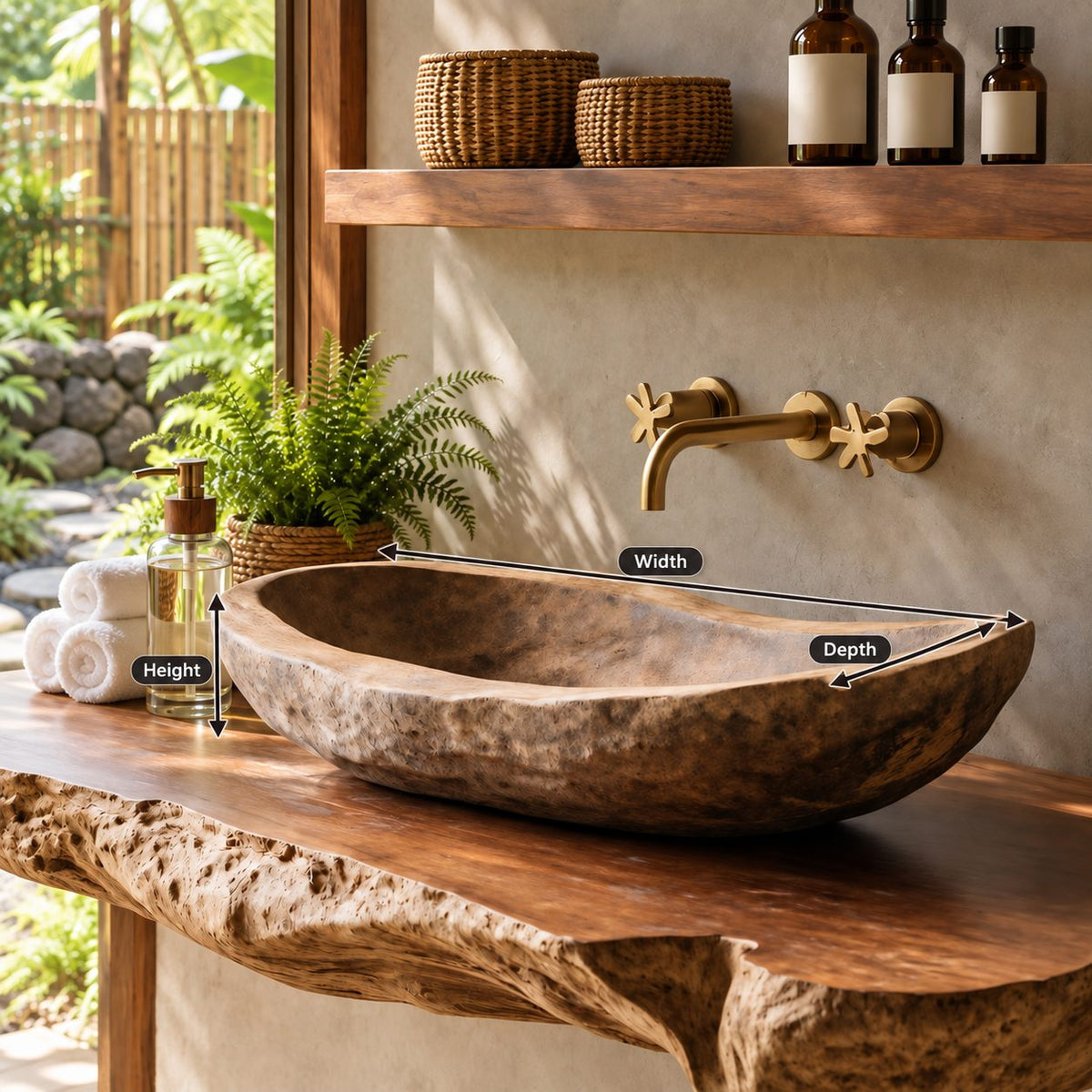Rough Hewn Wooden Vessel Sink, Long Shallow Trough Basin with Weathered Texture, Solid Wood Bowl