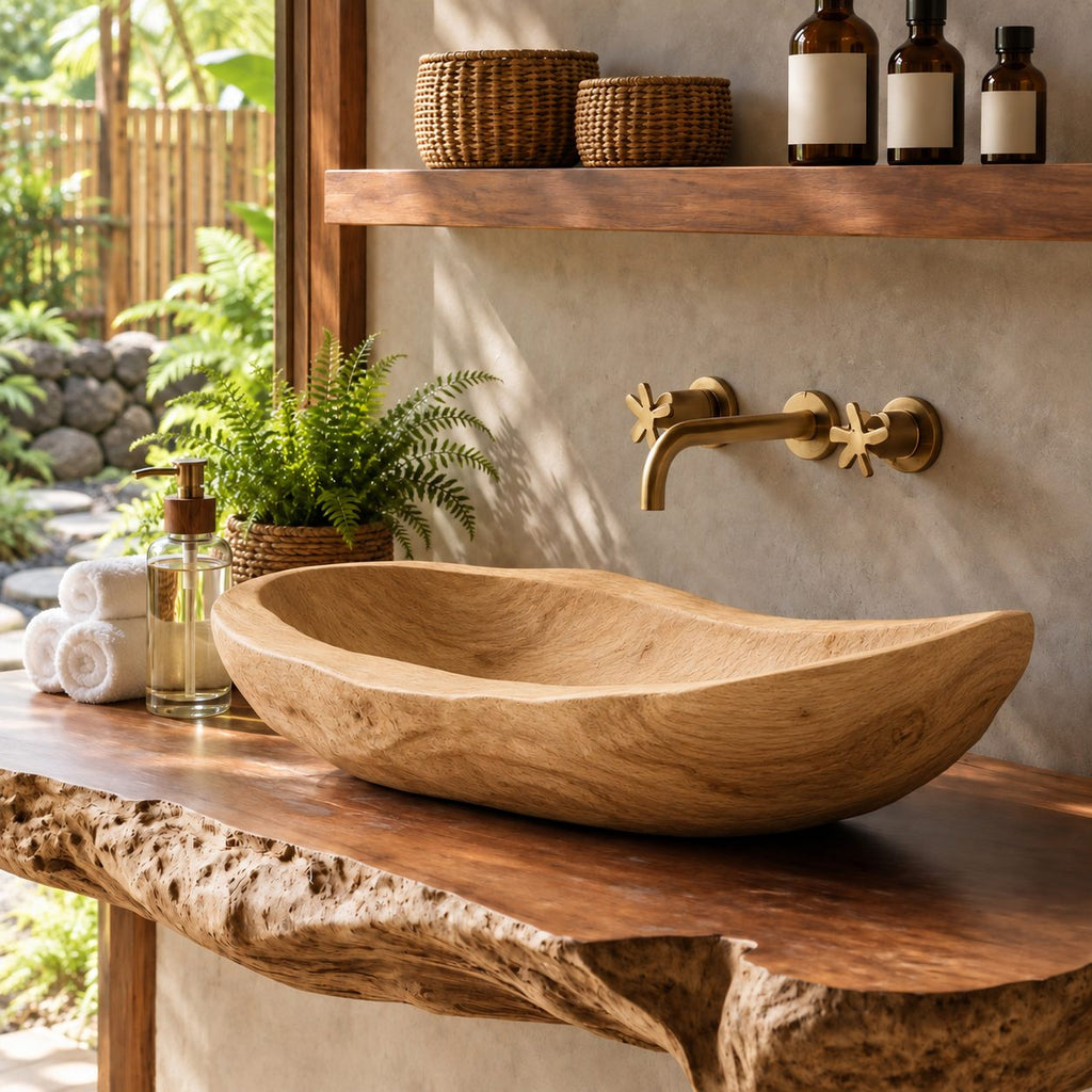 Rough Hewn Wooden Vessel Sink, Long Shallow Trough Basin with Weathered Texture, Solid Wood Bowl