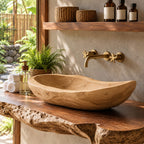 Rough Hewn Wooden Vessel Sink, Long Shallow Trough Basin with Weathered Texture, Solid Wood Bowl