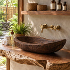 Rough Hewn Wooden Vessel Sink, Long Shallow Trough Basin with Weathered Texture, Solid Wood Bowl