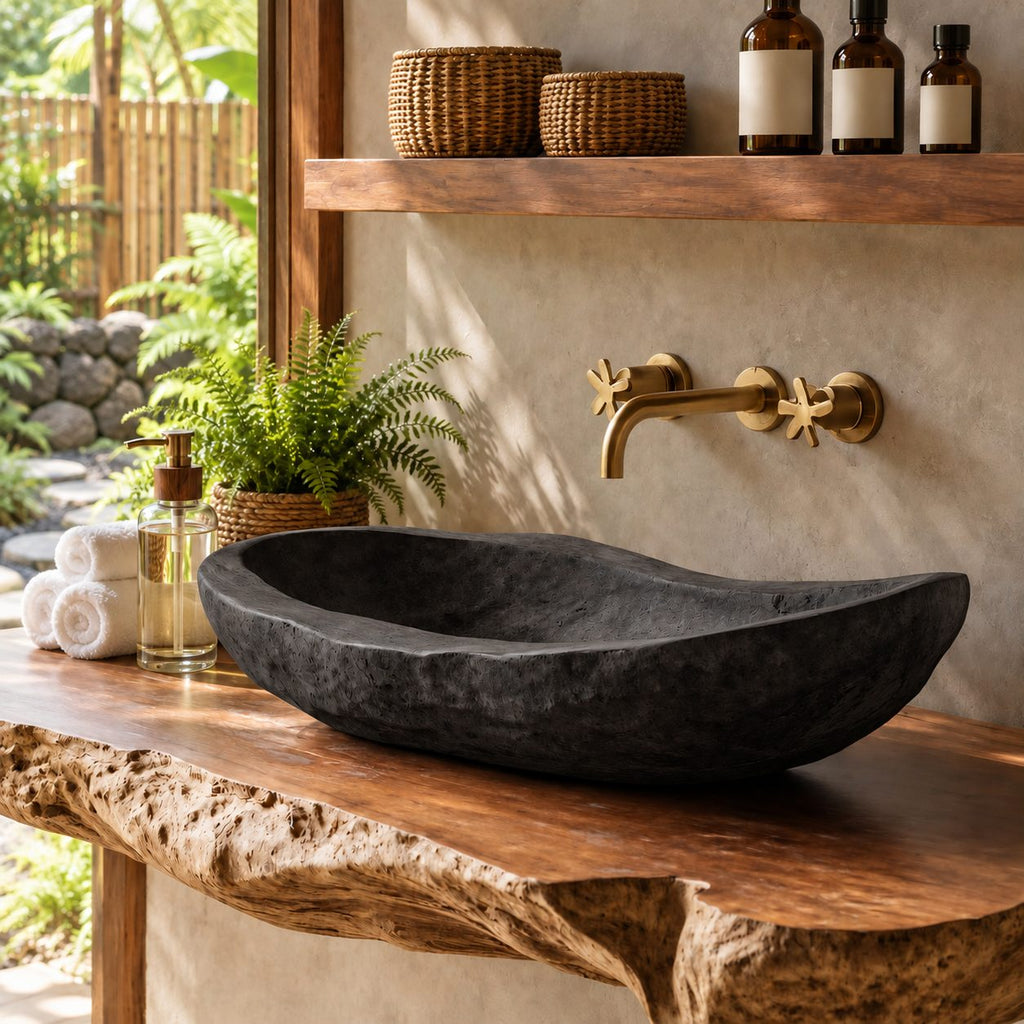 Rough Hewn Wooden Vessel Sink, Long Shallow Trough Basin with Weathered Texture, Solid Wood Bowl
