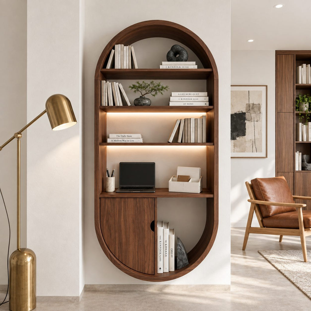 Arched Wall Bookshelf with Cabinet Door, Capsule Shaped Solid Wood Bookcase for Home Office