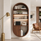 Arched Wall Bookshelf with Cabinet Door, Capsule Shaped Solid Wood Bookcase for Home Office