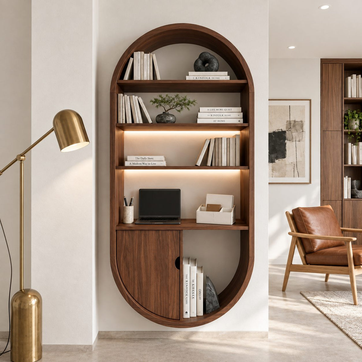 Arched Wall Bookshelf with Cabinet Door, Capsule Shaped Solid Wood Bookcase for Home Office