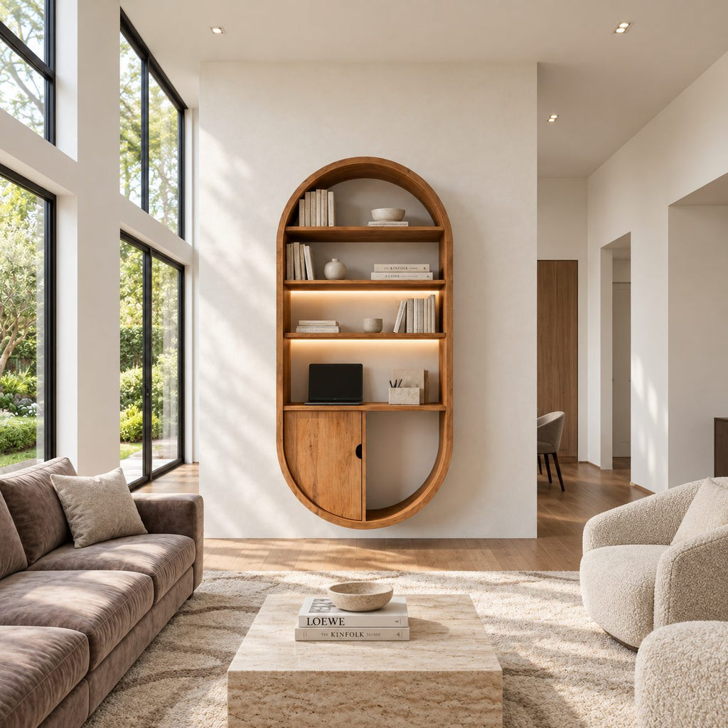 Arched Wall Bookshelf with Cabinet Door, Capsule Shaped Solid Wood Bookcase for Home Office