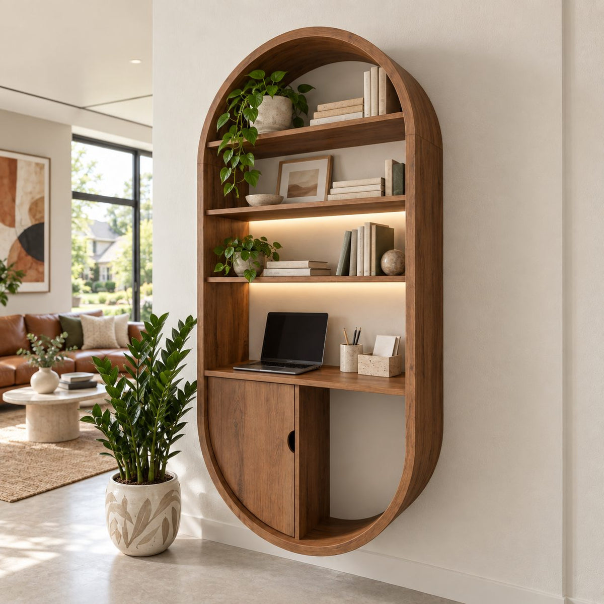 Arched Wall Bookshelf with Cabinet Door, Capsule Shaped Solid Wood Bookcase for Home Office