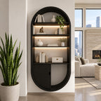 Arched Wall Bookshelf with Cabinet Door, Capsule Shaped Solid Wood Bookcase for Home Office