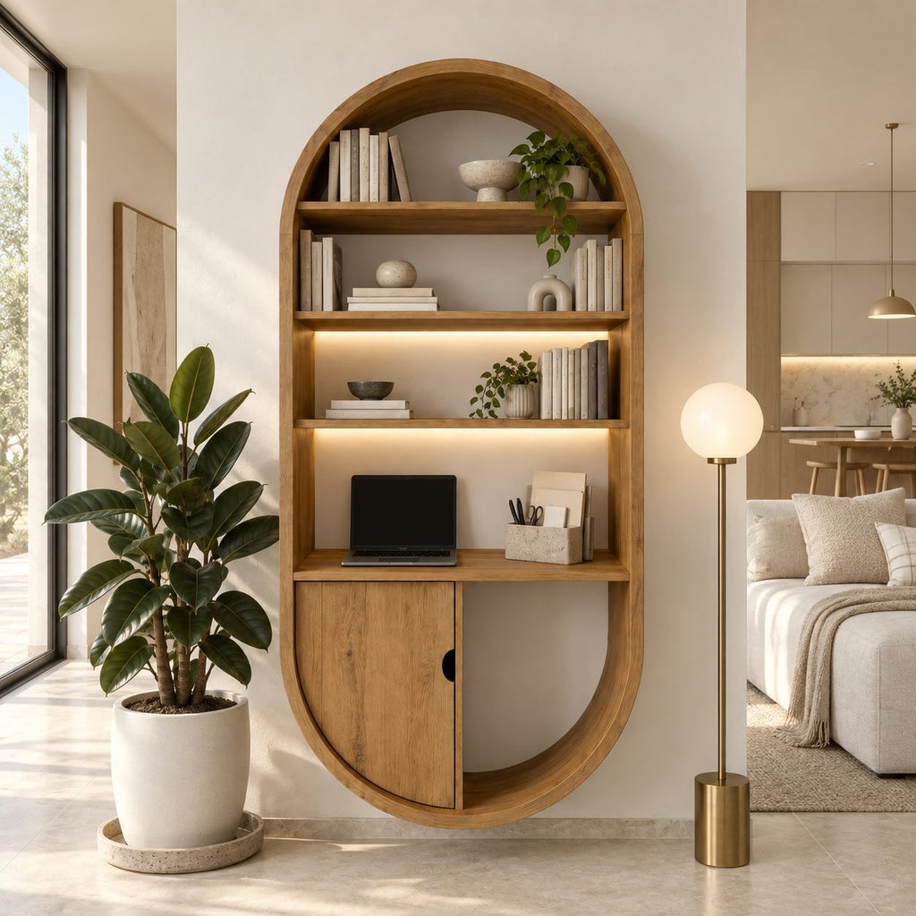 Arched Wall Bookshelf with Cabinet Door, Capsule Shaped Solid Wood Bookcase for Home Office