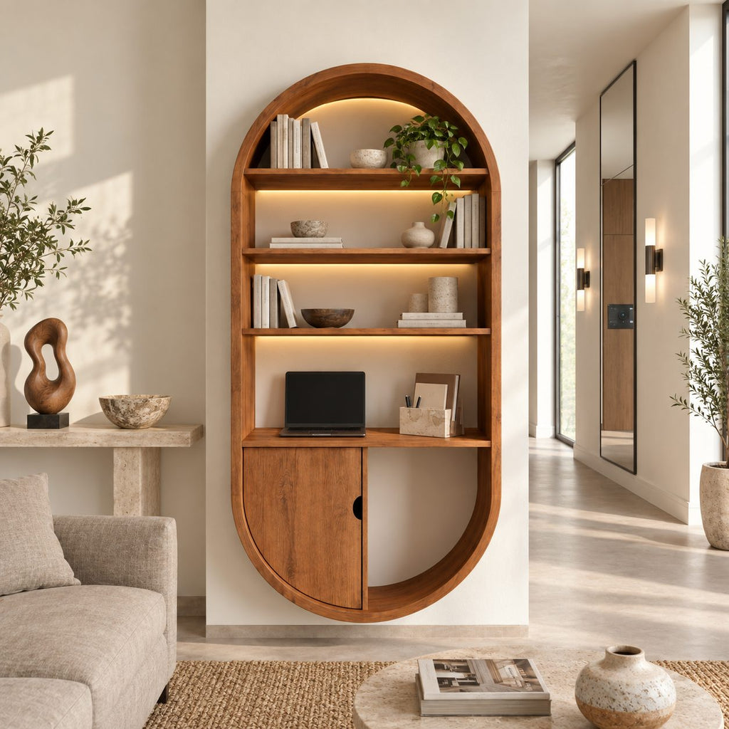 Arched Wall Bookshelf with Cabinet Door, Capsule Shaped Solid Wood Bookcase for Home Office