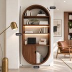 Arched Wall Bookshelf with Cabinet Door, Capsule Shaped Solid Wood Bookcase for Home Office