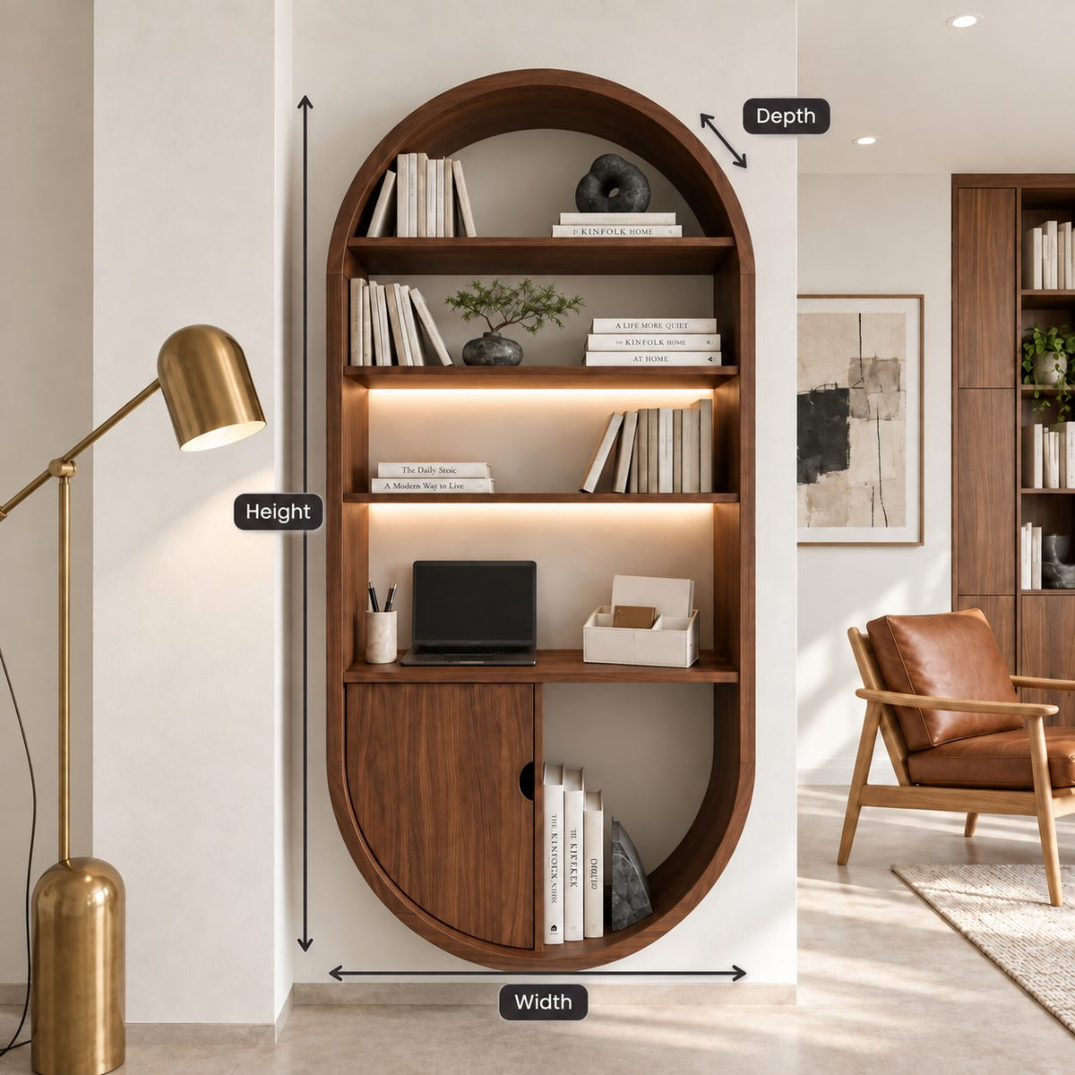 Arched Wall Bookshelf with Cabinet Door, Capsule Shaped Solid Wood Bookcase for Home Office