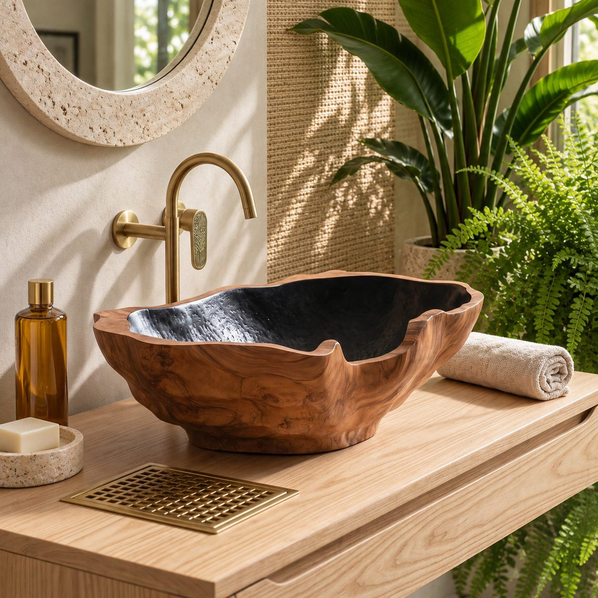 Chunky Freeform Wooden Vessel Sink with Undulating Rim and Sealed Interior, Burl Solid Wood Bowl