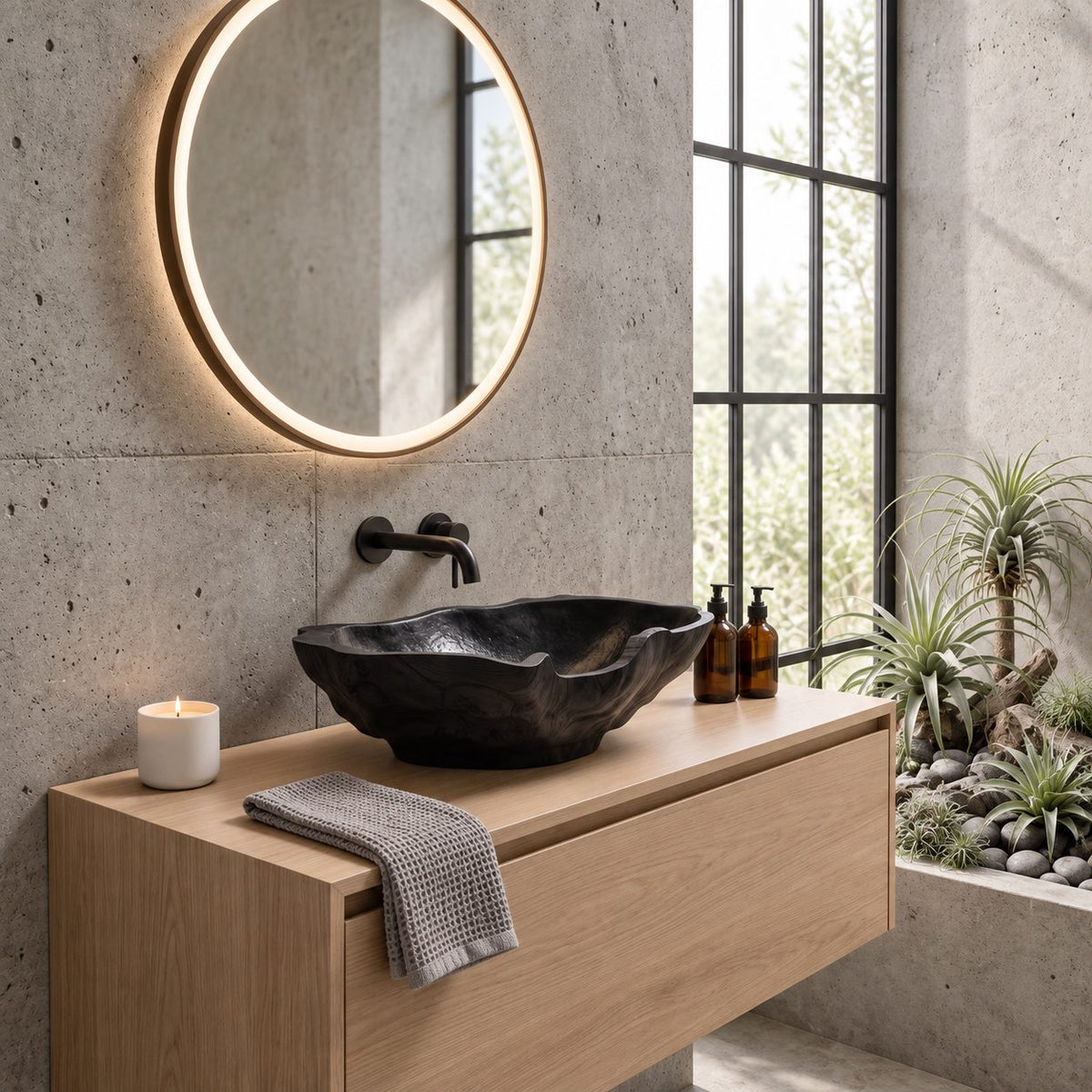 Chunky Freeform Wooden Vessel Sink with Undulating Rim and Sealed Interior, Burl Solid Wood Bowl