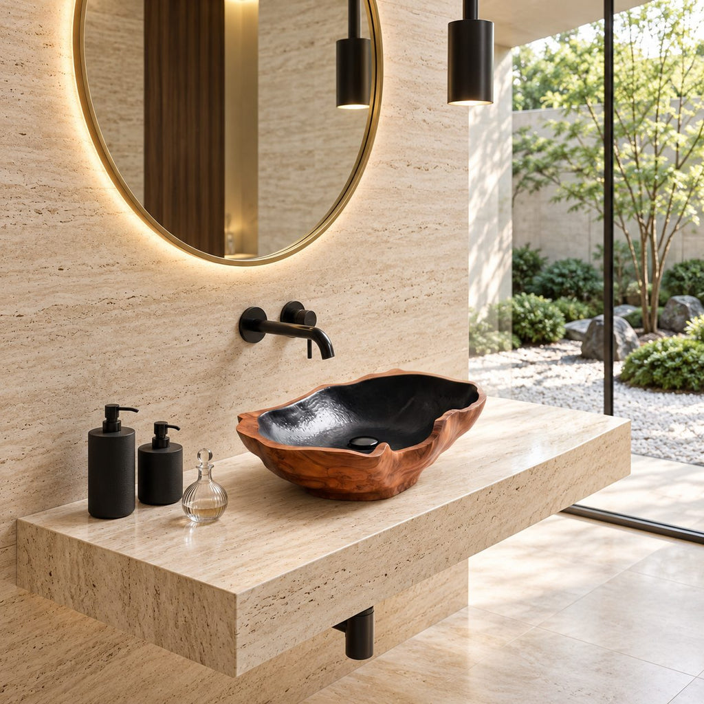 Chunky Freeform Wooden Vessel Sink with Undulating Rim and Sealed Interior, Burl Solid Wood Bowl
