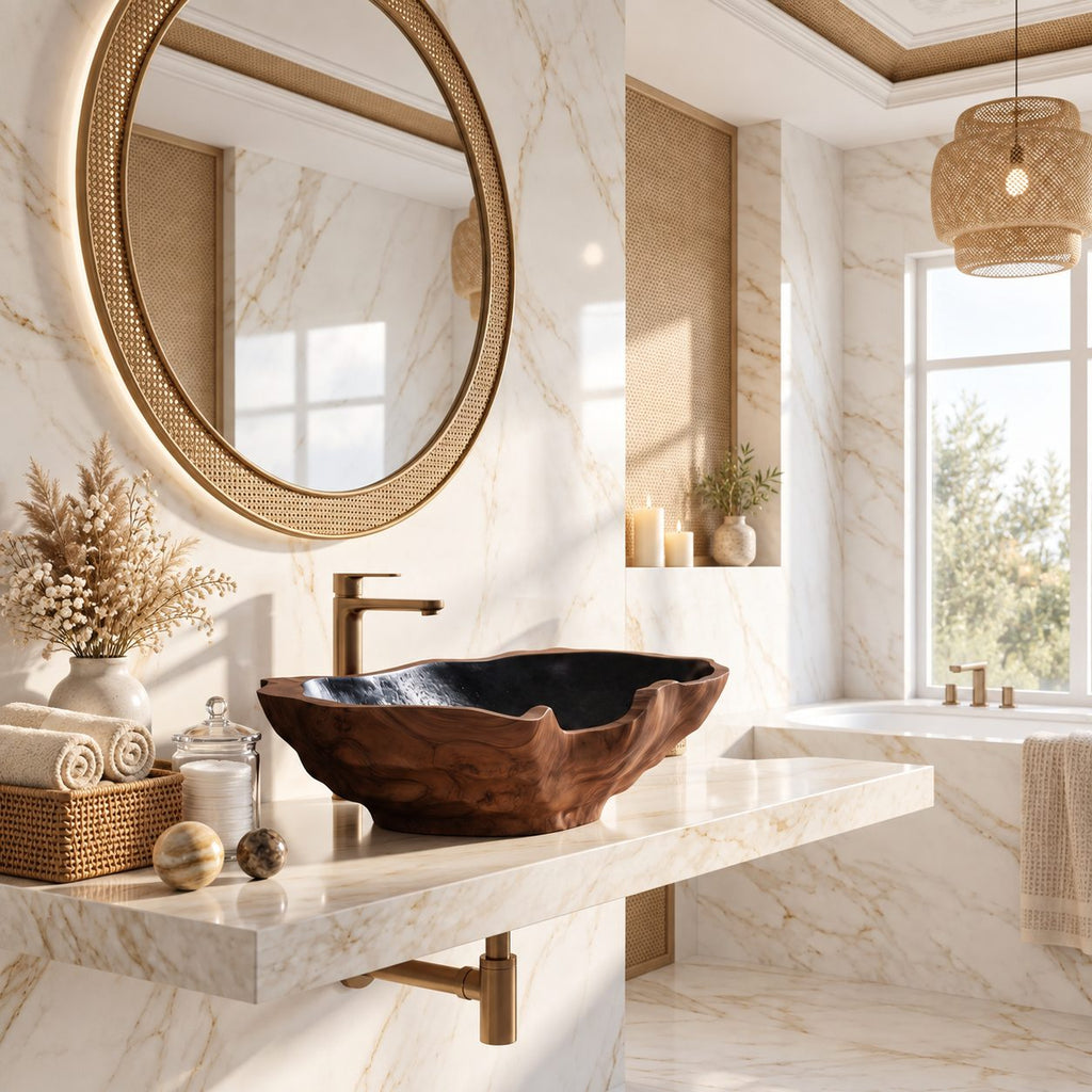 Chunky Freeform Wooden Vessel Sink with Undulating Rim and Sealed Interior, Burl Solid Wood Bowl