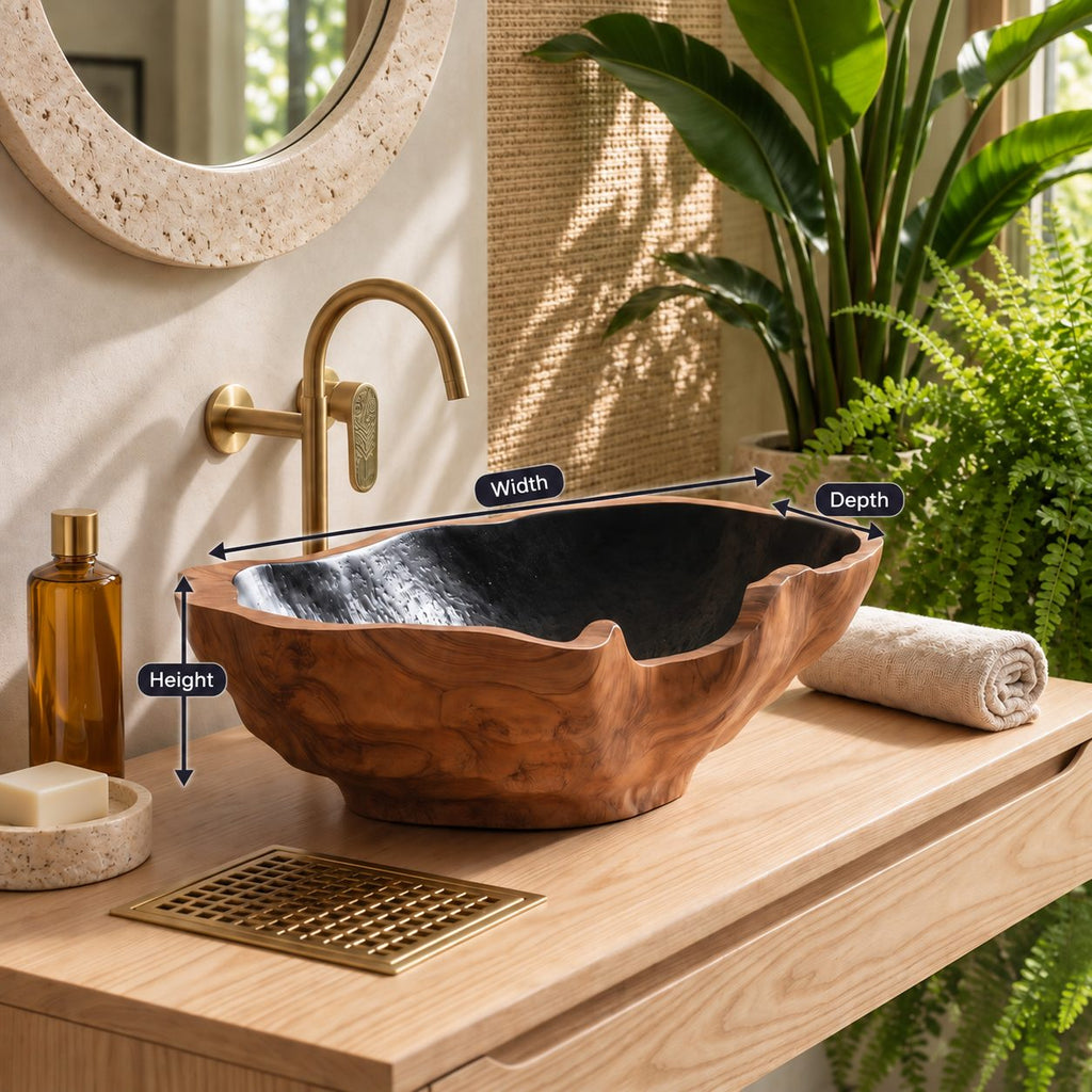 Chunky Freeform Wooden Vessel Sink with Undulating Rim and Sealed Interior, Burl Solid Wood Bowl