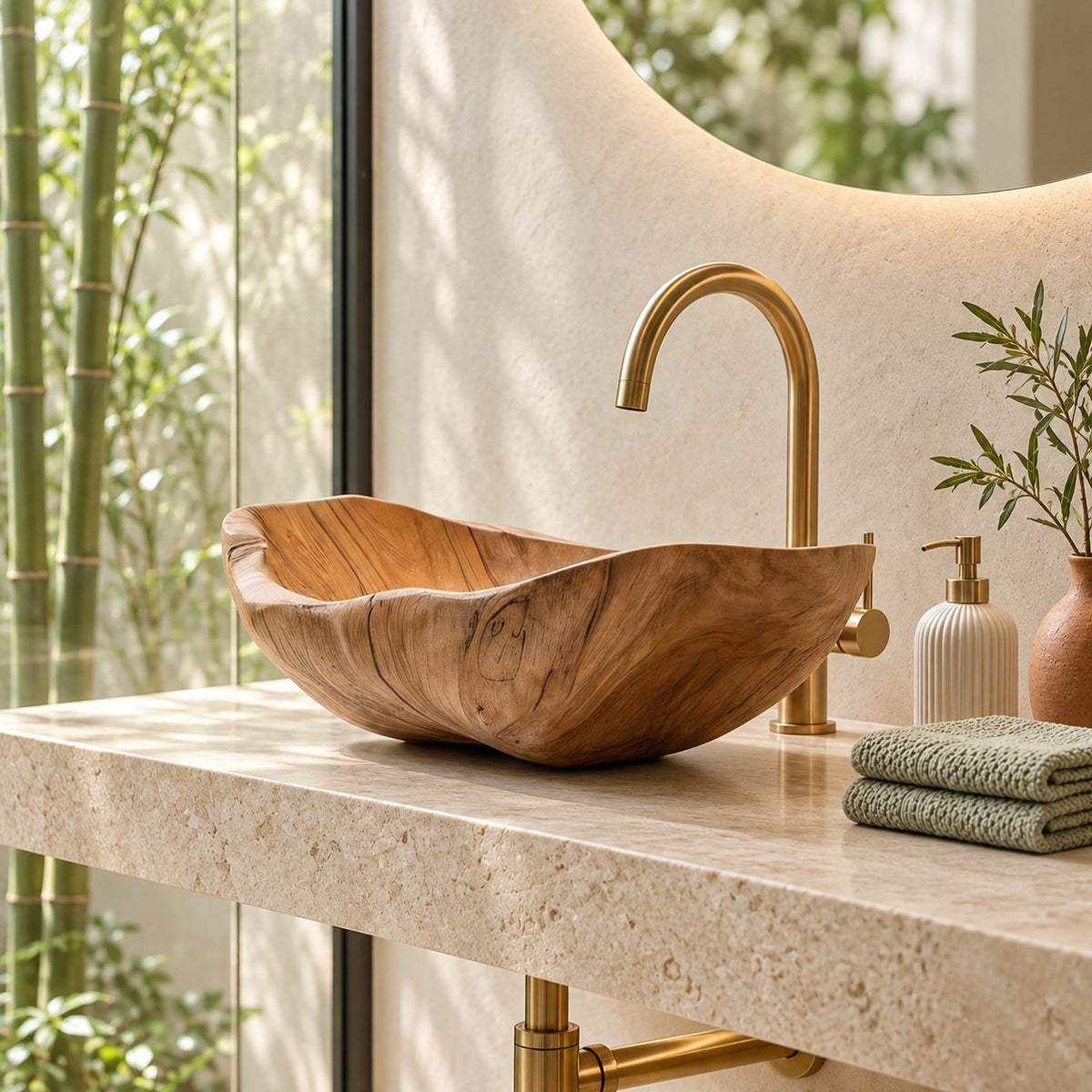 Boat Shaped Wooden Vessel Sink with Flared Pointed Ends, Smooth Solid Wood Countertop Bathroom Basin
