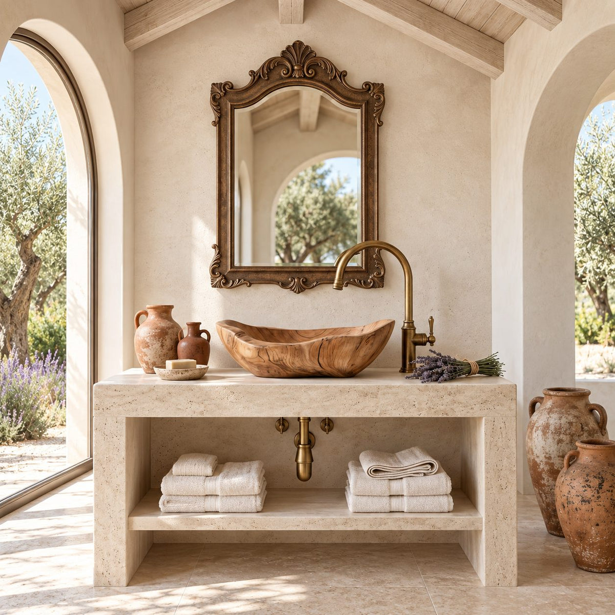 Boat Shaped Wooden Vessel Sink with Flared Pointed Ends, Smooth Solid Wood Countertop Bathroom Basin