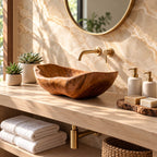 Boat Shaped Wooden Vessel Sink with Flared Pointed Ends, Smooth Solid Wood Countertop Bathroom Basin