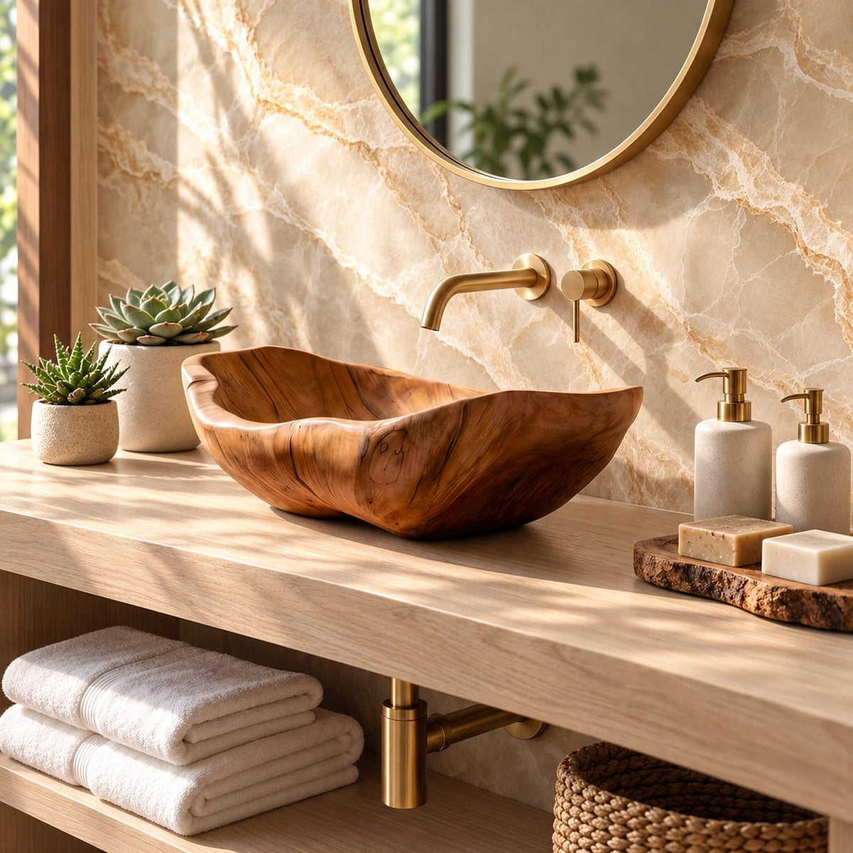 Boat Shaped Wooden Vessel Sink with Flared Pointed Ends, Smooth Solid Wood Countertop Bathroom Basin