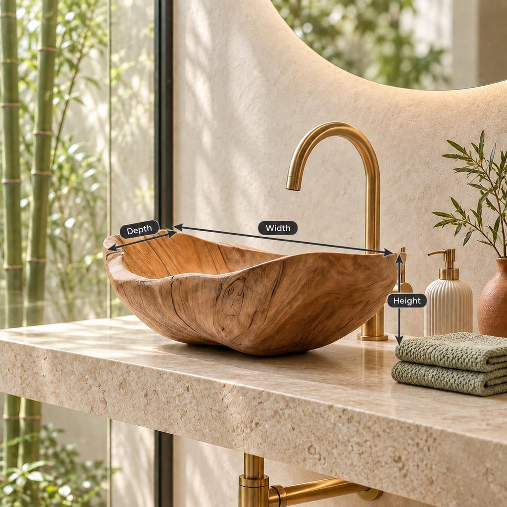 Boat Shaped Wooden Vessel Sink with Flared Pointed Ends, Smooth Solid Wood Countertop Bathroom Basin