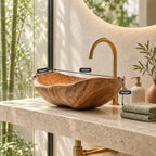 Boat Shaped Wooden Vessel Sink with Flared Pointed Ends, Smooth Solid Wood Countertop Bathroom Basin