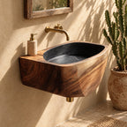 Faceted Wall Mounted Wooden Sink, Solid Wood Wall-Hung Bathroom Basin Block 20-39 Inch for Powder Rooms