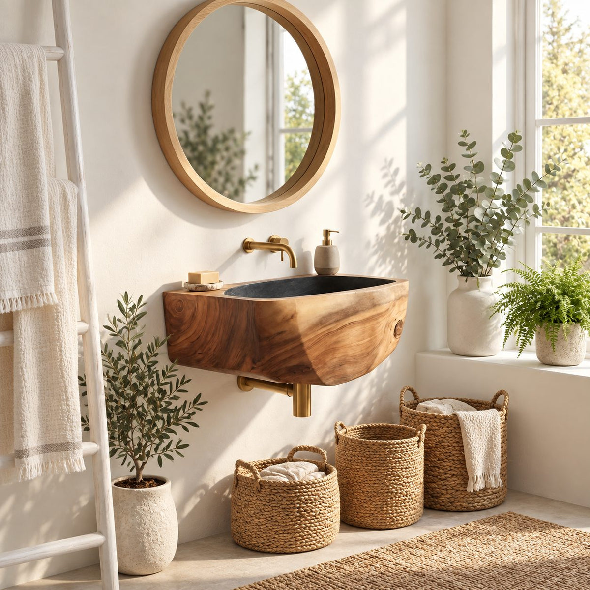 Faceted Wall Mounted Wooden Sink, Solid Wood Wall-Hung Bathroom Basin Block 20-39 Inch for Powder Rooms