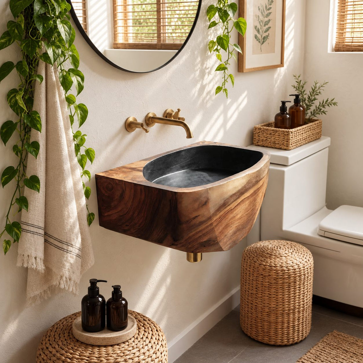 Faceted Wall Mounted Wooden Sink, Solid Wood Wall-Hung Bathroom Basin Block 20-39 Inch for Powder Rooms