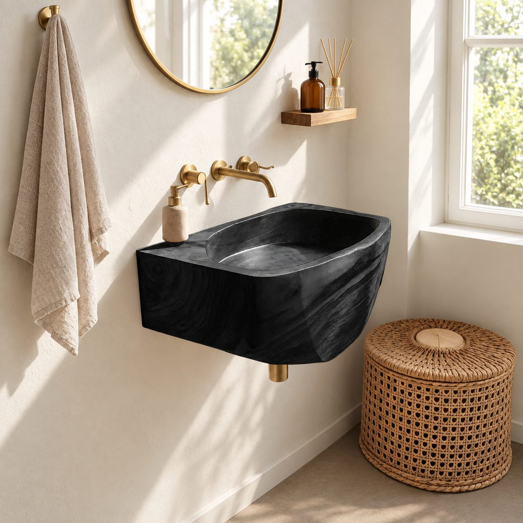 Faceted Wall Mounted Wooden Sink, Solid Wood Wall-Hung Bathroom Basin Block 20-39 Inch for Powder Rooms