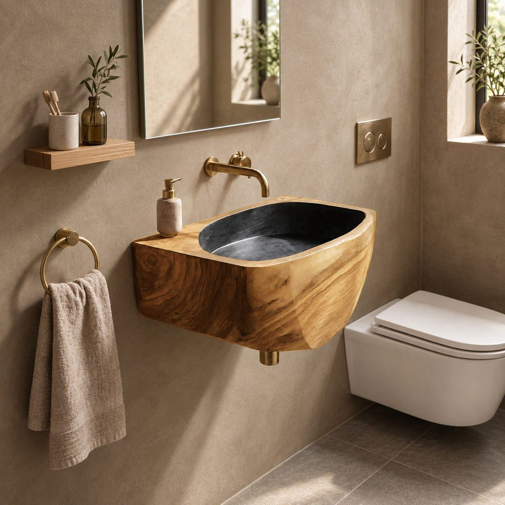 Faceted Wall Mounted Wooden Sink, Solid Wood Wall-Hung Bathroom Basin Block 20-39 Inch for Powder Rooms