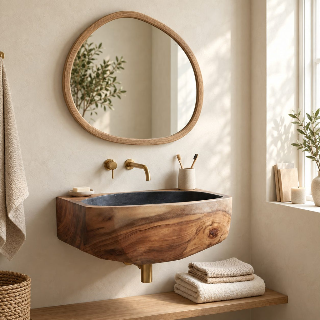 Faceted Wall Mounted Wooden Sink, Solid Wood Wall-Hung Bathroom Basin Block 20-39 Inch for Powder Rooms
