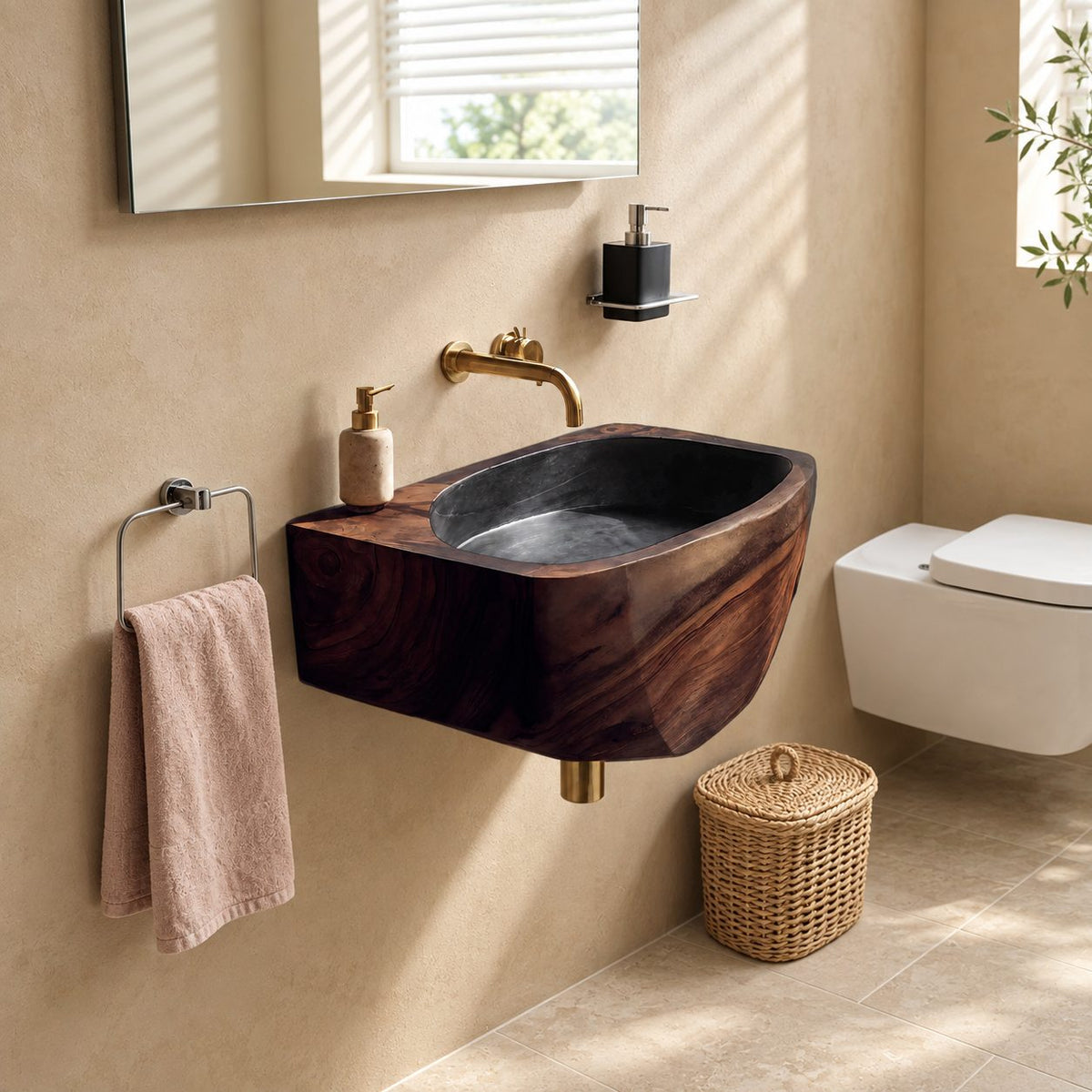 Faceted Wall Mounted Wooden Sink, Solid Wood Wall-Hung Bathroom Basin Block 20-39 Inch for Powder Rooms