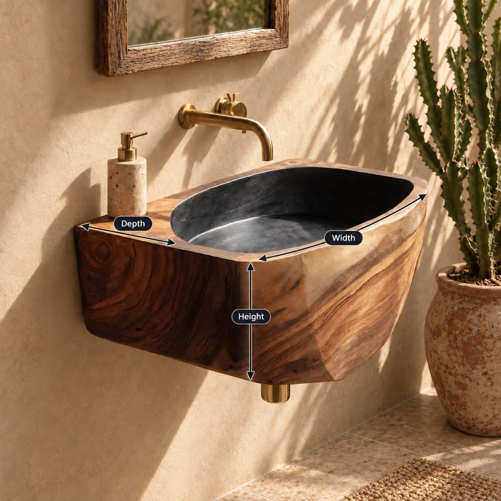 Faceted Wall Mounted Wooden Sink, Solid Wood Wall-Hung Bathroom Basin Block 20-39 Inch for Powder Rooms