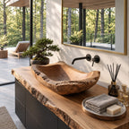 Hand Hewn Wooden Vessel Sink with Chipped Rugged Rim, Long Rectangular Solid Wood Bathroom Basin
