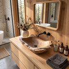Hand Hewn Wooden Vessel Sink with Chipped Rugged Rim, Long Rectangular Solid Wood Bathroom Basin