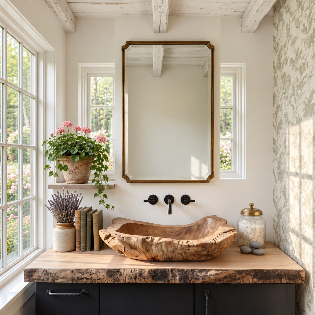 Hand Hewn Wooden Vessel Sink with Chipped Rugged Rim, Long Rectangular Solid Wood Bathroom Basin
