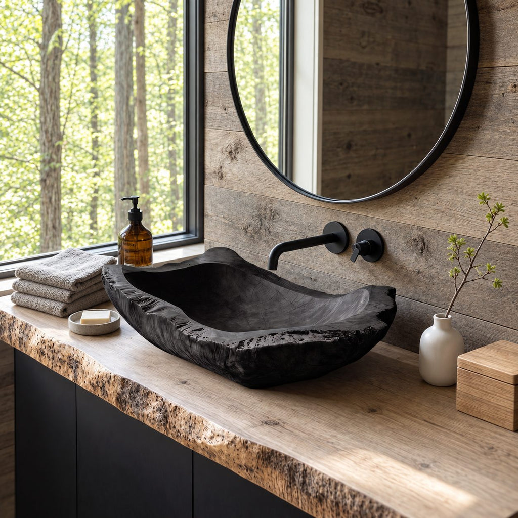 Hand Hewn Wooden Vessel Sink with Chipped Rugged Rim, Long Rectangular Solid Wood Bathroom Basin