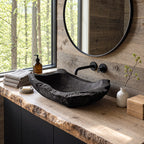 Hand Hewn Wooden Vessel Sink with Chipped Rugged Rim, Long Rectangular Solid Wood Bathroom Basin