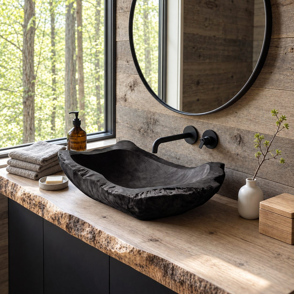 Hand Hewn Wooden Vessel Sink with Chipped Rugged Rim, Long Rectangular Solid Wood Bathroom Basin