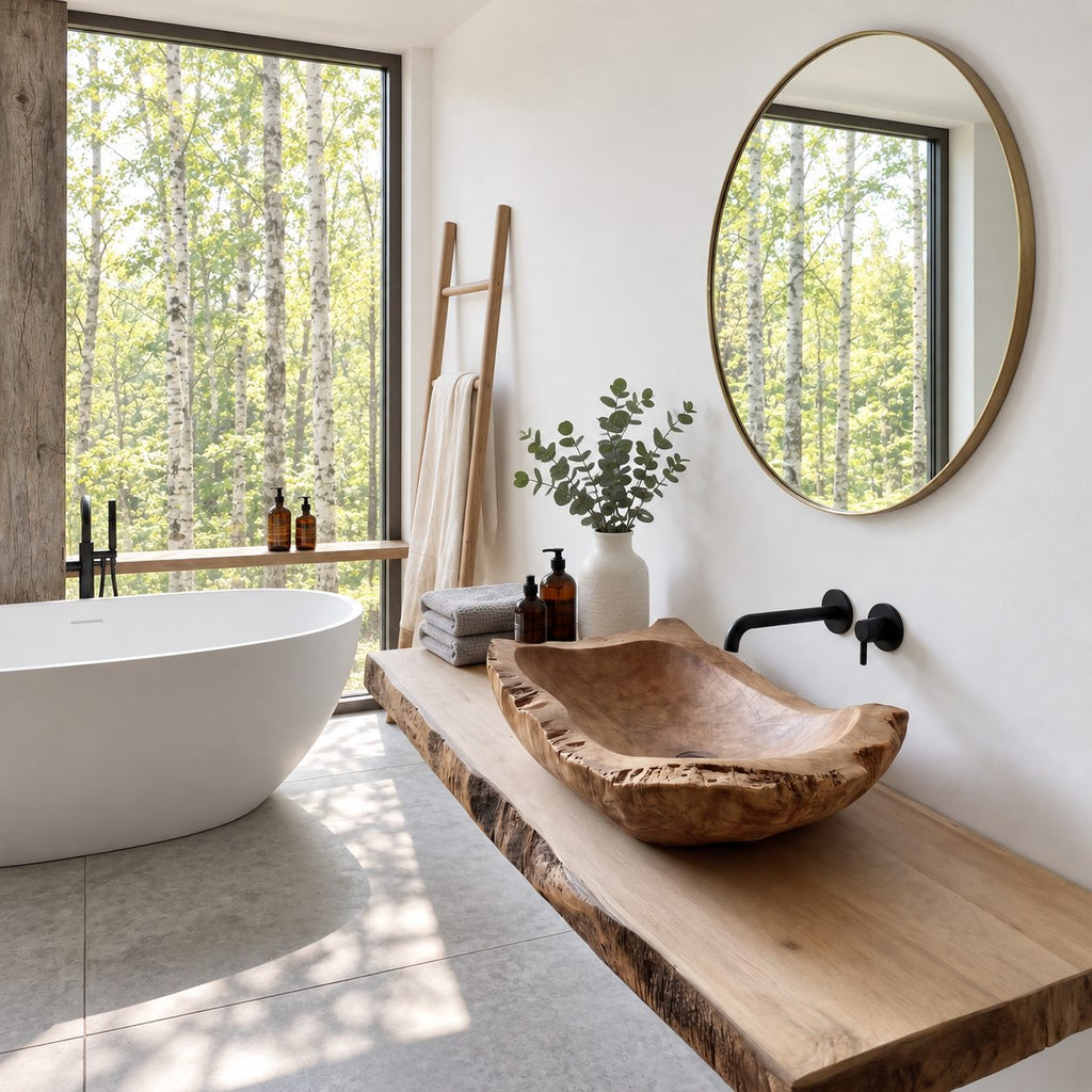 Hand Hewn Wooden Vessel Sink with Chipped Rugged Rim, Long Rectangular Solid Wood Bathroom Basin
